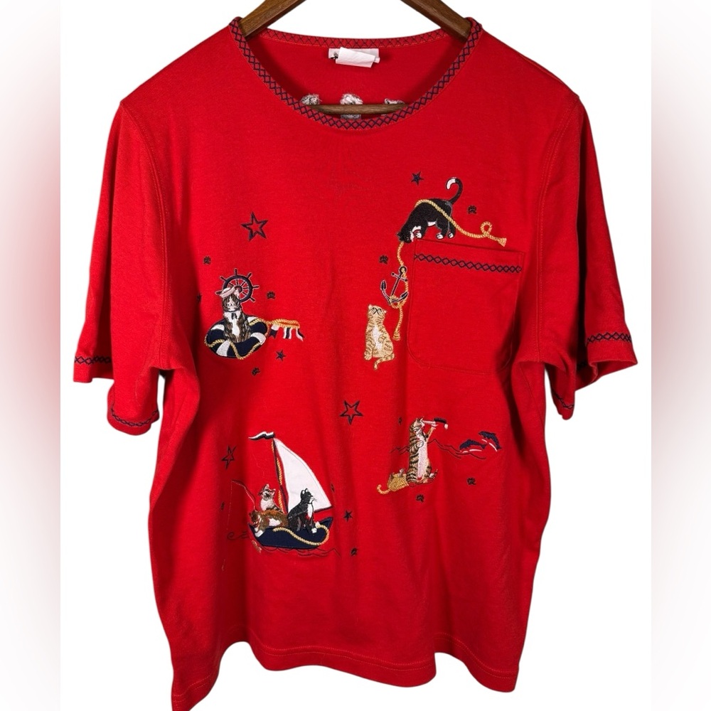 BonWorth Red Nautical Cats Embroidered Short Sleeved Top Cotton Blend Size L